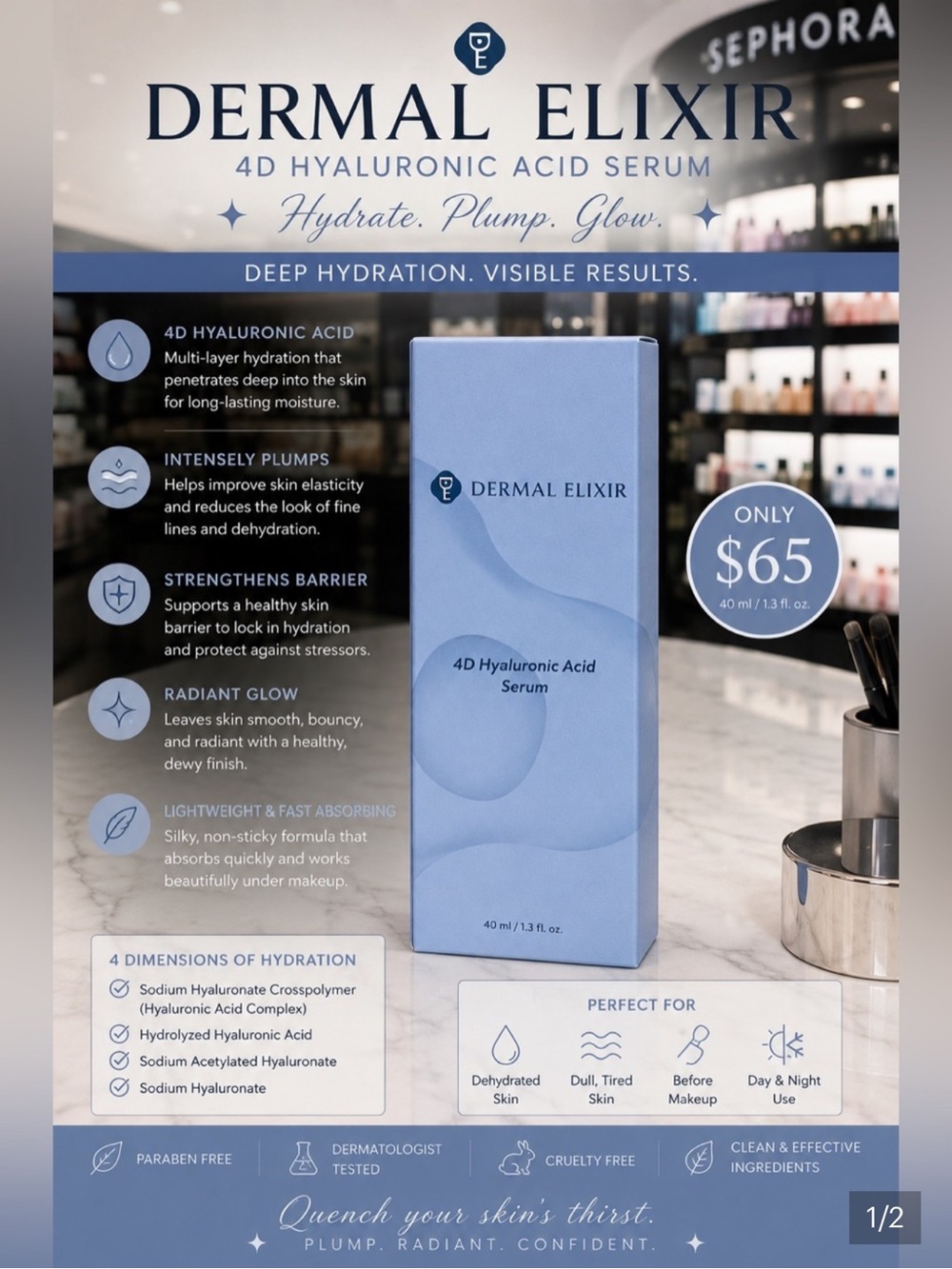 Dermal Elixir 4D Hyaluronic Acid Serum NIB Retail $65